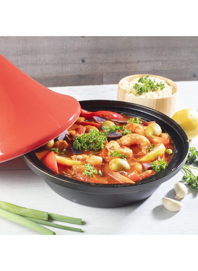 طاجن مغربي مصنوع من الحديد الزهر، وعاء طهي واحد، غطاء سيراميك مطلي بالمينا - طبق آمن للاستخدام في الفرن حتى 500 درجة فهرنهايت بسعة كبيرة، غطاء مخروطي الشكل، هدية أواني طهي - Image 1