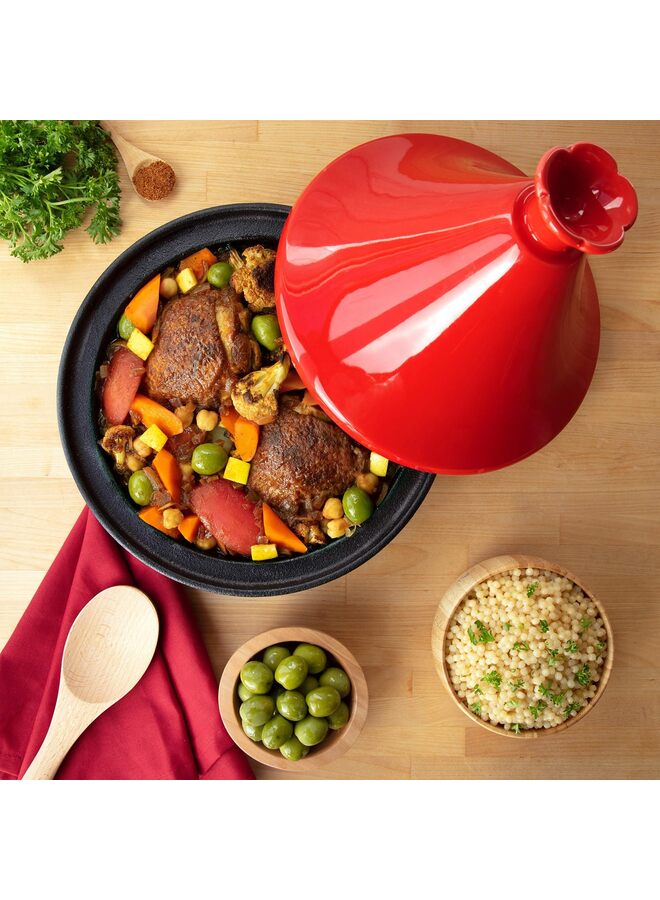 طاجن مغربي مصنوع من الحديد الزهر، وعاء طهي واحد، غطاء سيراميك مطلي بالمينا - طبق آمن للاستخدام في الفرن حتى 500 درجة فهرنهايت بسعة كبيرة، غطاء مخروطي الشكل، هدية أواني طهي - Image 2