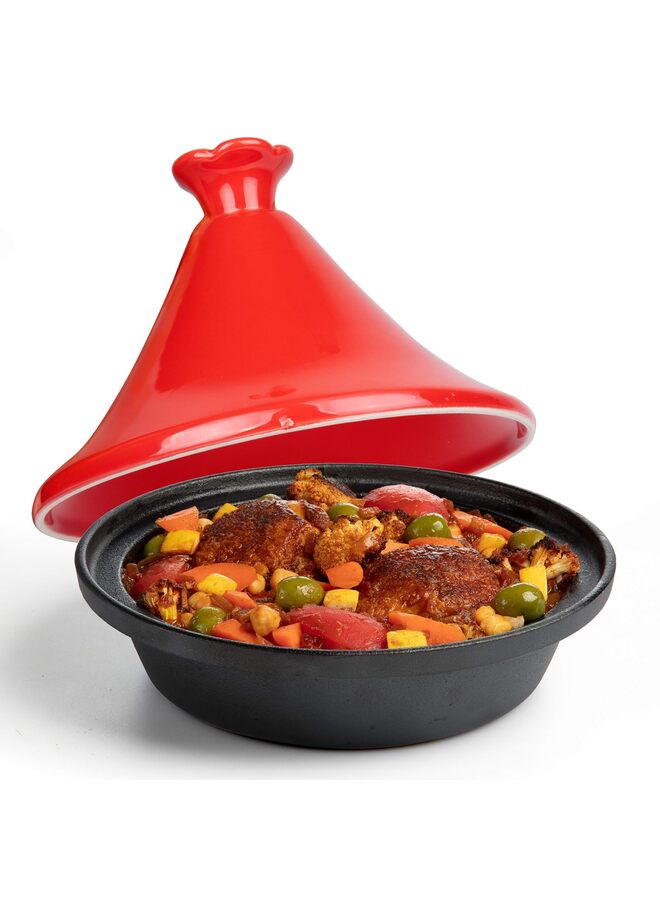 طاجن مغربي مصنوع من الحديد الزهر، وعاء طهي واحد، غطاء سيراميك مطلي بالمينا - طبق آمن للاستخدام في الفرن حتى 500 درجة فهرنهايت بسعة كبيرة، غطاء مخروطي الشكل، هدية أواني طهي - Image 5