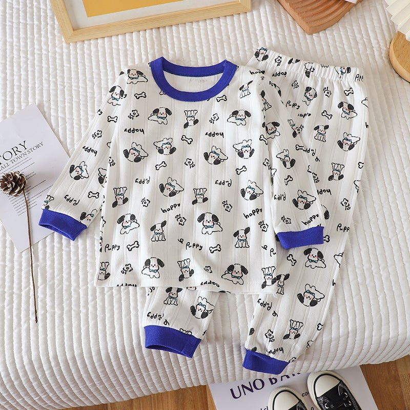 Cotton Kids Pajama Set Boys Girls Sleepwear Blue puppy with white background 