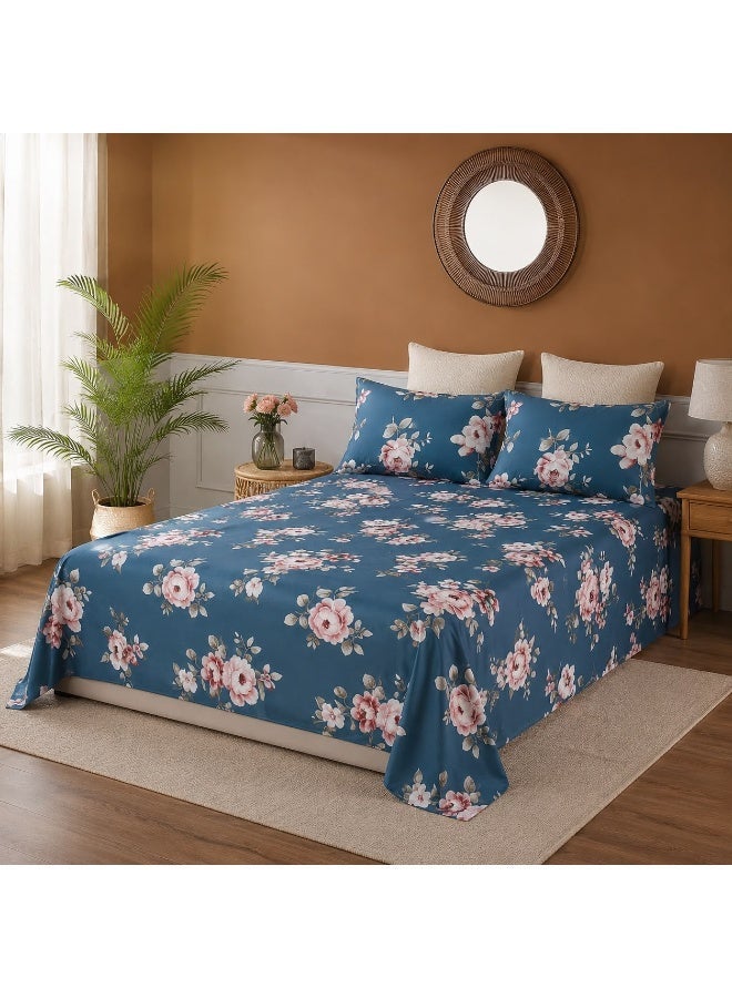 3-Piece 150 GSM Microfiber King Size Bed Sheet Set - Vintage Peony Floral Print on Deep Blue, Includes 1 Flat Sheet (270x250 CM) & 2 Pillowcases (50x75 CM) - Image 1