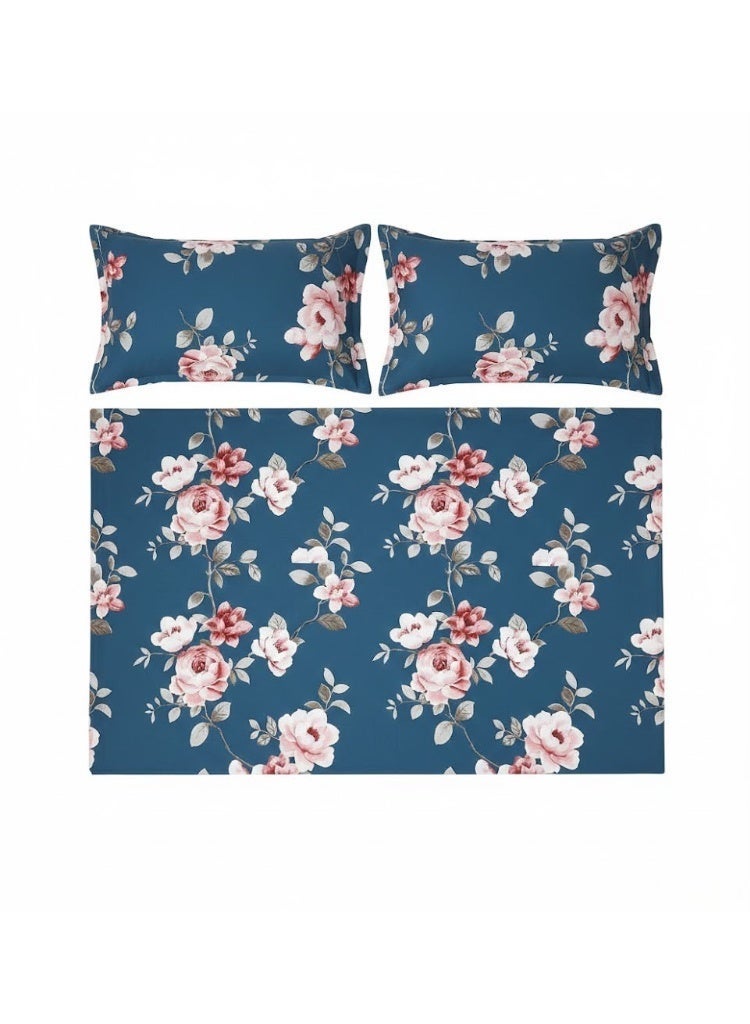 3-Piece 150 GSM Microfiber King Size Bed Sheet Set - Vintage Peony Floral Print on Deep Blue, Includes 1 Flat Sheet (270x250 CM) & 2 Pillowcases (50x75 CM) - Image 2