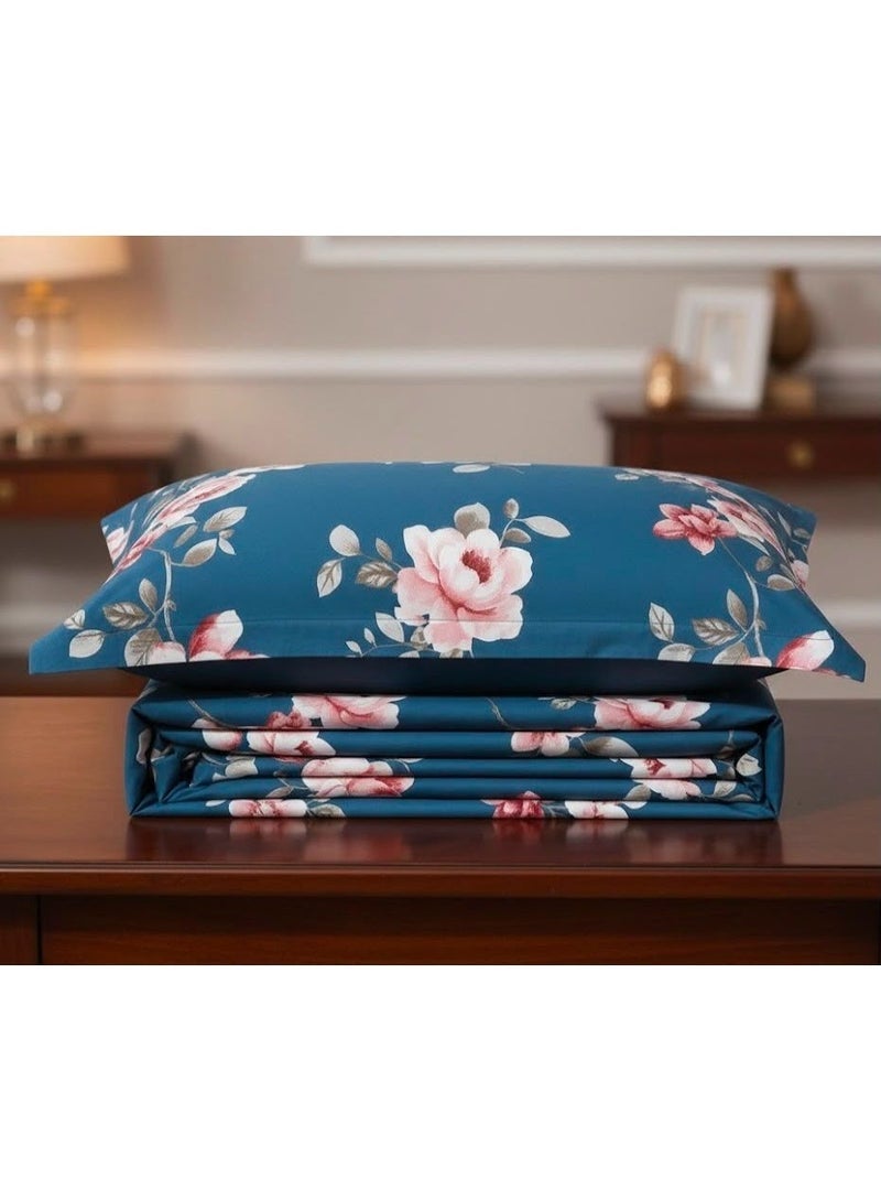 3-Piece 150 GSM Microfiber King Size Bed Sheet Set - Vintage Peony Floral Print on Deep Blue, Includes 1 Flat Sheet (270x250 CM) & 2 Pillowcases (50x75 CM) - Image 3