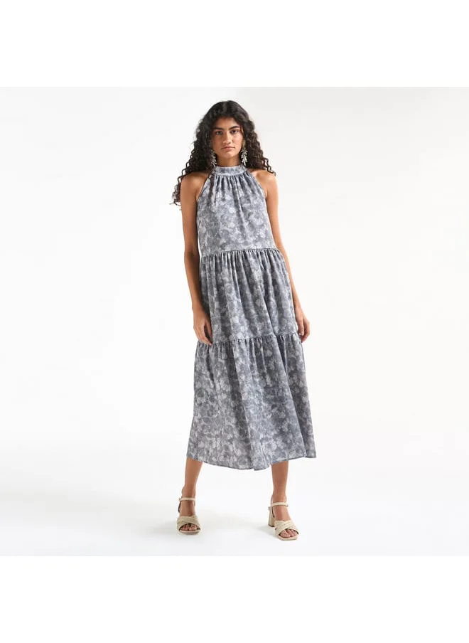 FAV All-Over Print Halter Neck Tiered Dress with Tie-Ups