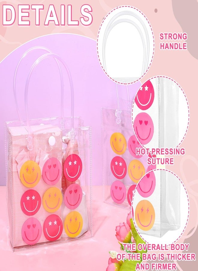 وولاين أكياس هدايا شفافة من مادة PVC بتصميم ابتسامة أنيقة من Whaline، أكياس هدايا وردية اللون بتصميم وجه سعيد مع مقابض، حقائب حمل هدايا بتصميم "رجل سعيد" مناسبة لحفلات عيد الأم، وحفلات الزفاف، وأعياد الميلاد، وحفلات استقبال المولود، 12 قطعة - Image 3