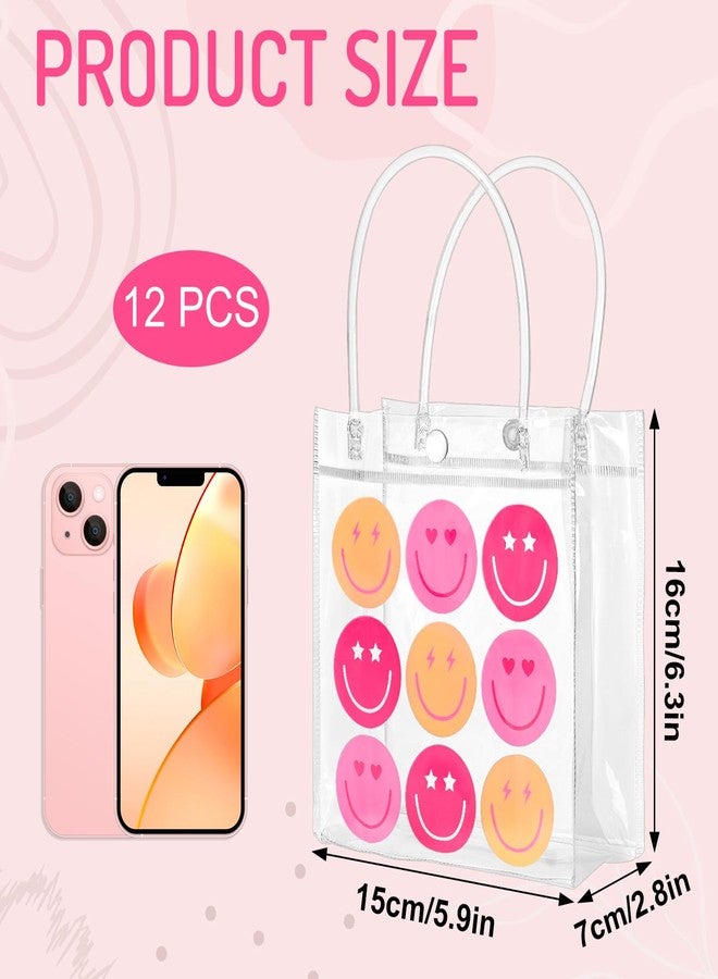 وولاين أكياس هدايا شفافة من مادة PVC بتصميم ابتسامة أنيقة من Whaline، أكياس هدايا وردية اللون بتصميم وجه سعيد مع مقابض، حقائب حمل هدايا بتصميم "رجل سعيد" مناسبة لحفلات عيد الأم، وحفلات الزفاف، وأعياد الميلاد، وحفلات استقبال المولود، 12 قطعة - Image 2