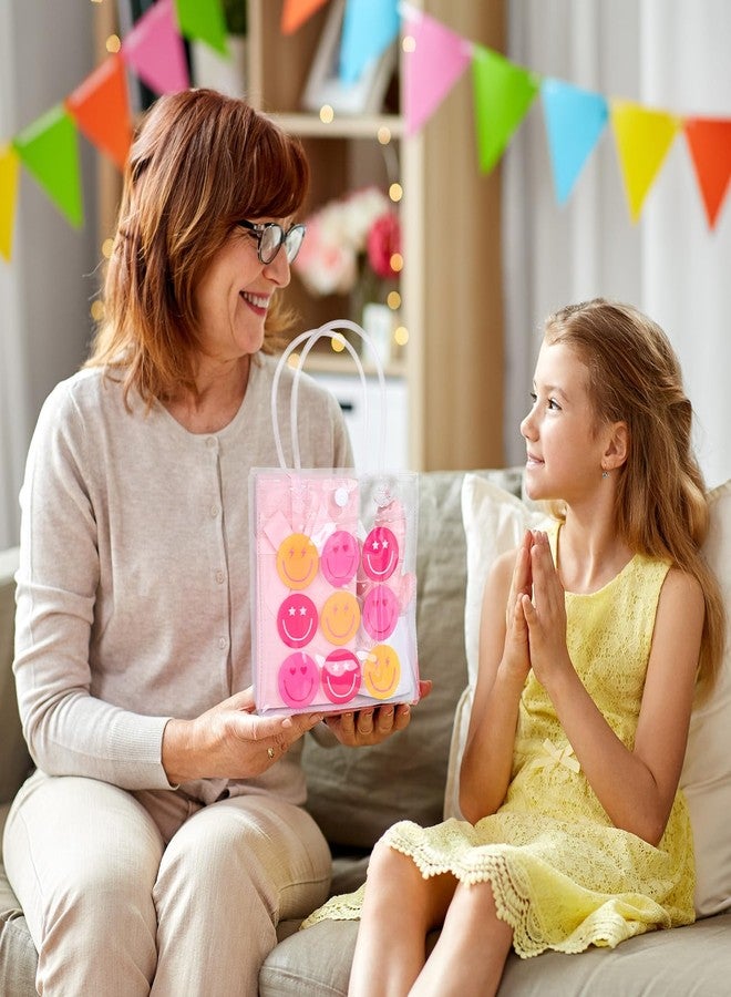 وولاين أكياس هدايا شفافة من مادة PVC بتصميم ابتسامة أنيقة من Whaline، أكياس هدايا وردية اللون بتصميم وجه سعيد مع مقابض، حقائب حمل هدايا بتصميم "رجل سعيد" مناسبة لحفلات عيد الأم، وحفلات الزفاف، وأعياد الميلاد، وحفلات استقبال المولود، 12 قطعة - Image 4