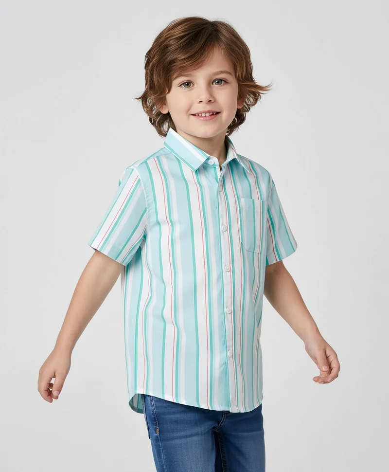 Pine Kids Pine Kids Cotton Woven Half Sleeves Shirt with Stripes - Light Blue