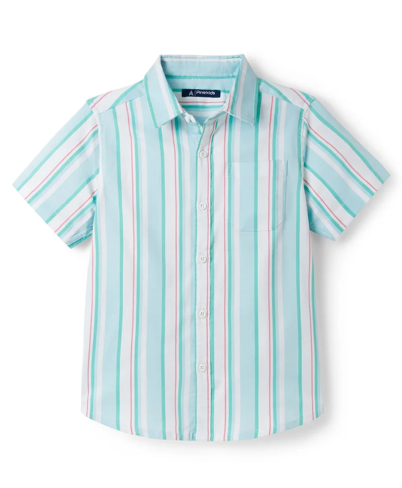 Pine Kids Pine Kids Cotton Woven Half Sleeves Shirt with Stripes - Light Blue
