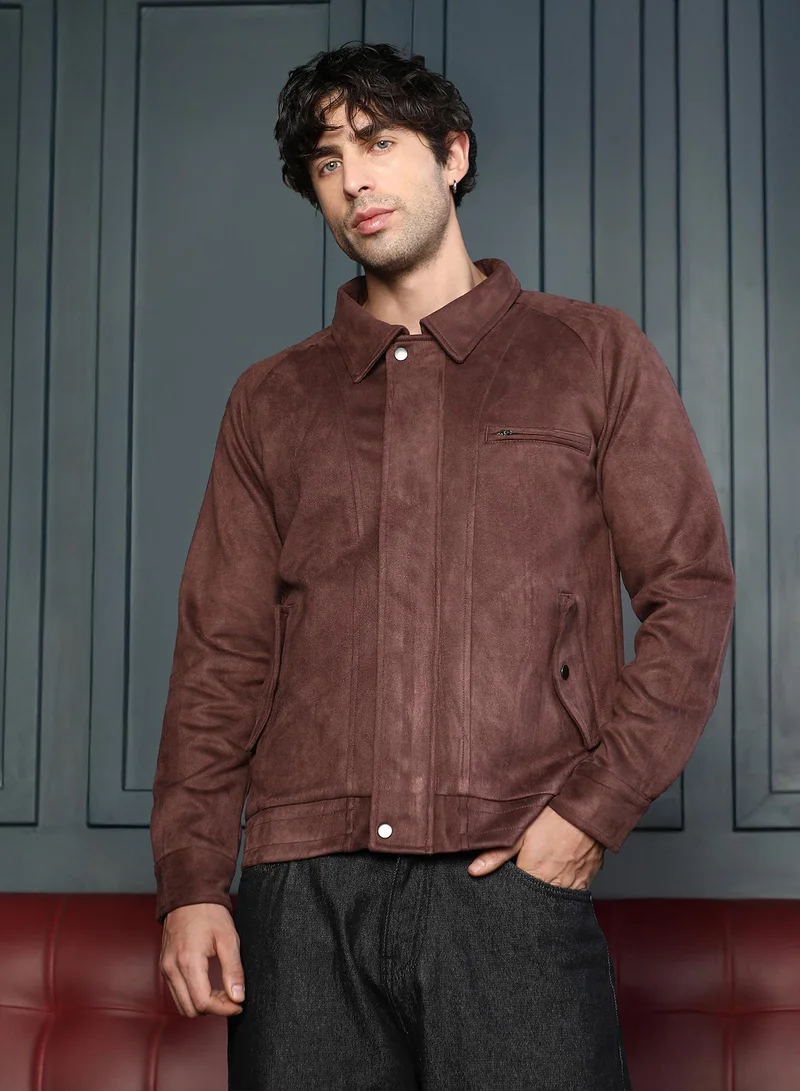 كامبوس سوترا Men Suede Bomber Jacket | Point Collar, Long Button-Cuff Sleeves | Zipper , Band-Straight Hem | Solid Textured | Woven Fabric For Casual & Daily Wear | Chocolate Brown