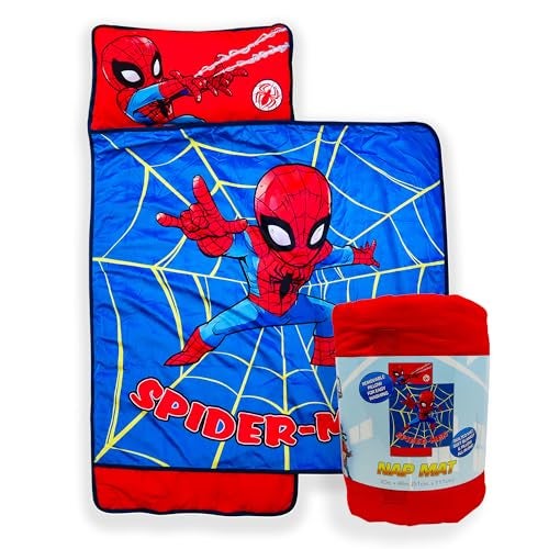 Jay Franco Kids Nap Mat with Embedded Pillow Blanket Soft 46x20Microfiber Sleeping Bag with Name Tag Handle for School Travel Sleepover Blue Spiderman - Image 1