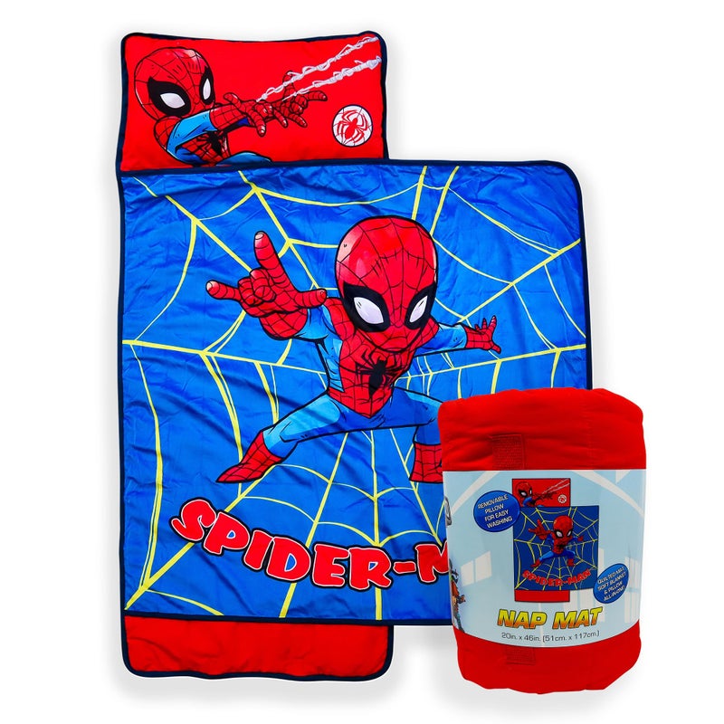 Jay Franco Kids Nap Mat with Embedded Pillow Blanket Soft 46x20Microfiber Sleeping Bag with Name Tag Handle for School Travel Sleepover Blue Spiderman - Image 2