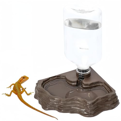 MRTIOO 17oz Terrarium Tank Reptile Food Feeders Bowl Water Feeder Automatic Water Dispenser Waterer Feeding Accessories for Geckos Lizards Turtle Bearded Dragons Brown - Image 1