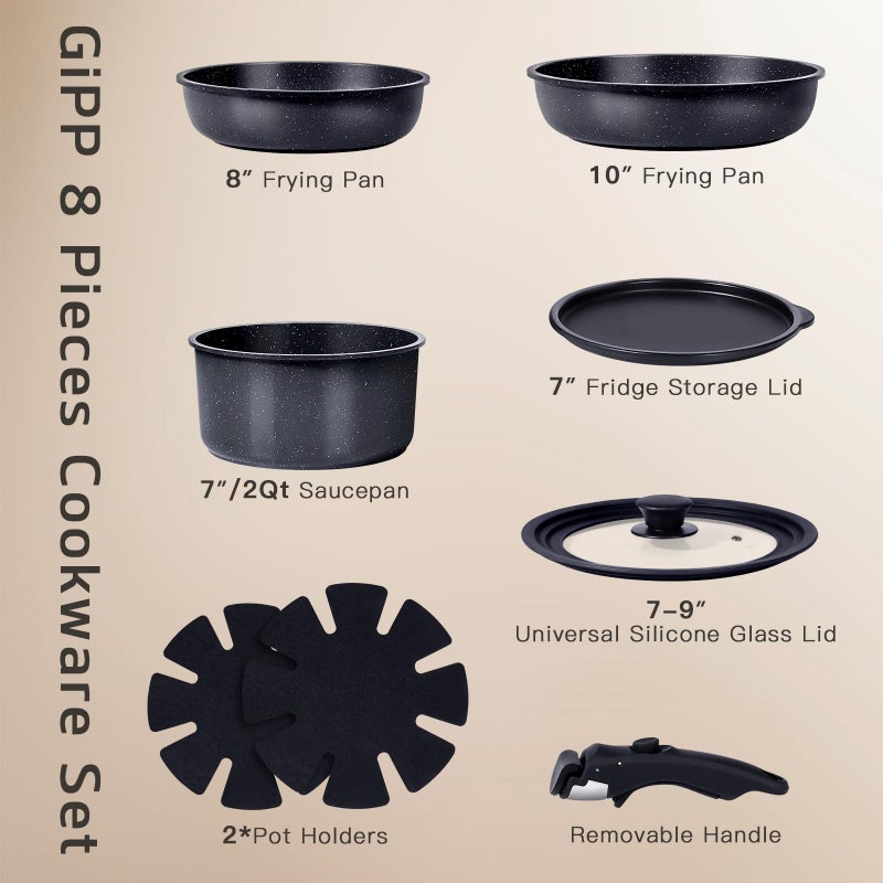 GiPP Ceramic Non Stick Pots and Pans Set,Nonstick Detachable Handle Cookware Sets,Healthy Non Toxic PFAS PFOA & PTFE Free, Dishwasher ï¼†Oven Safe, Induction Kitchen Pot and Pan, 8 Piece Grey - Image 3