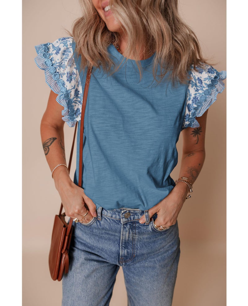 SELINK Womens Summer Ruffle Short Sleeve Top Crewneck T Shirts Floral Trim Casual Blouses Mist Blue-S - Image 2