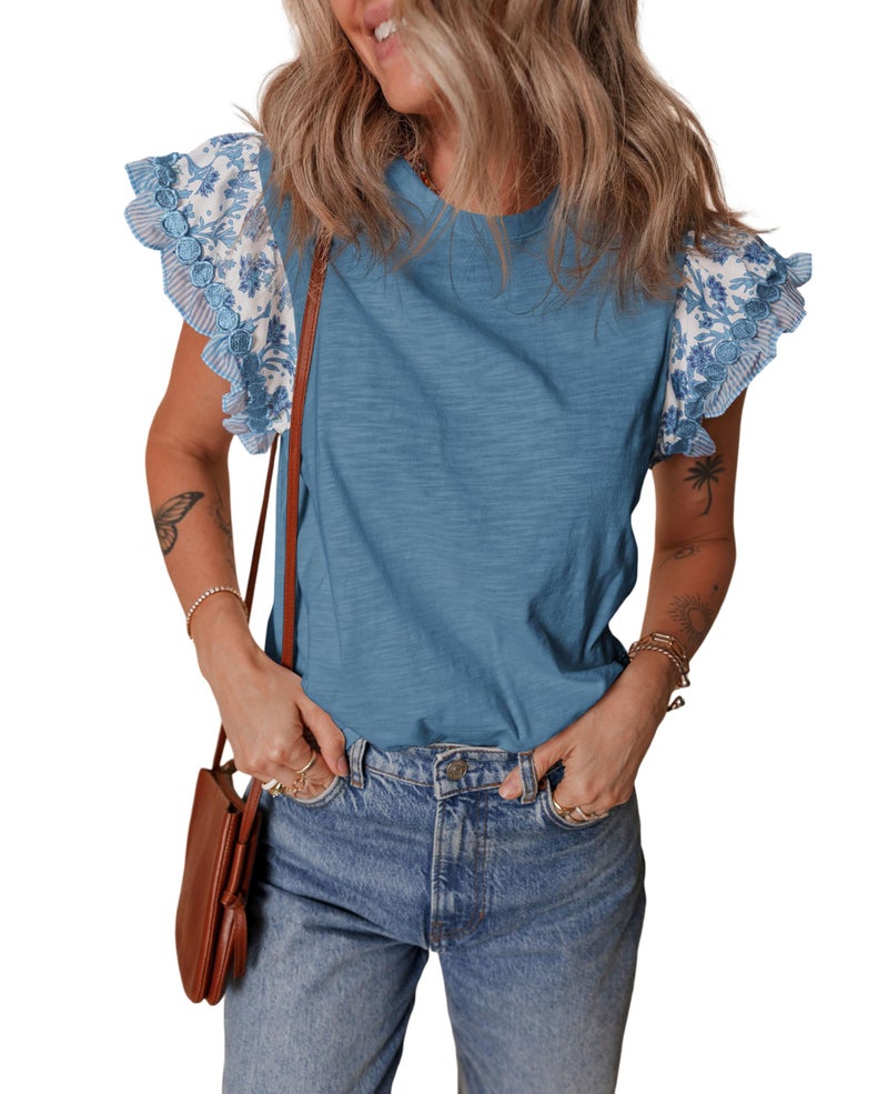 SELINK Womens Summer Ruffle Short Sleeve Top Crewneck T Shirts Floral Trim Casual Blouses Mist Blue-S - Image 1