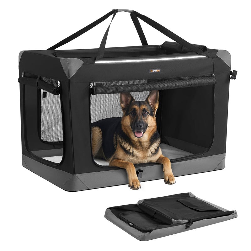 Feandrea Collapsible Dog Crate, Portable Oxford Fabric Pet Travel Crate with 4 Mesh Doors, Handles, Pocket, 42 Inches, for Large Dogs, Ink Black and Dove Gray UPDC031BH01 - Image 1