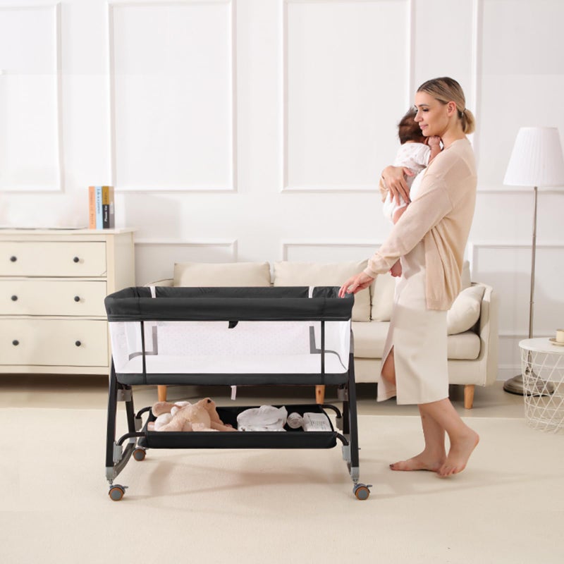 wayfong 3 in 1 Baby Bassinet Crib with Breathable Mesh, Bassinet Bedside Sleeper with Wheels, Mosquito Net, Storage Basket, 6 Height Adjustable, Easy to Assemble, Bassinets for Newborn Baby - Image 3