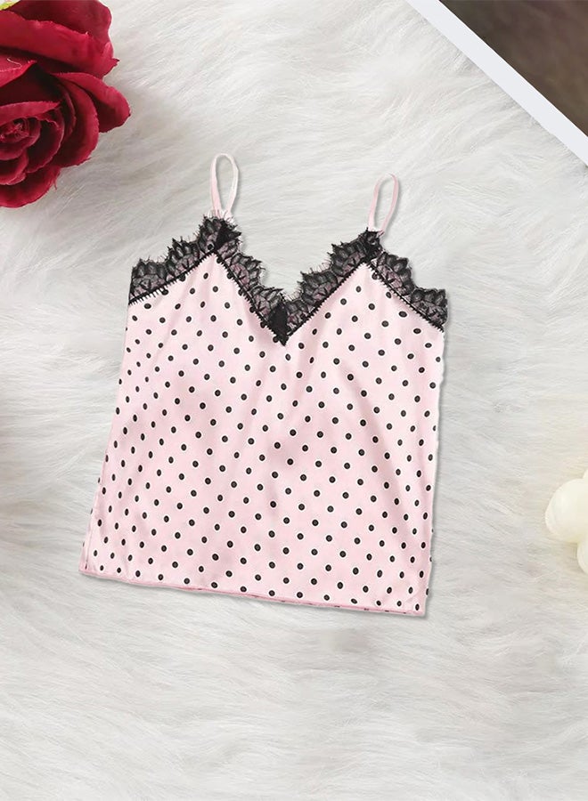 MARGOUN Women Large Size 2 Piece Lingerie Lace V Neck Tops and Short Set Sleepwear Lingerie Homewear Spotted Print Camisole Satin Set Pink/L Under Bust:70-88cm Waist:72-92cm Hip:88-108CM  - Image 3