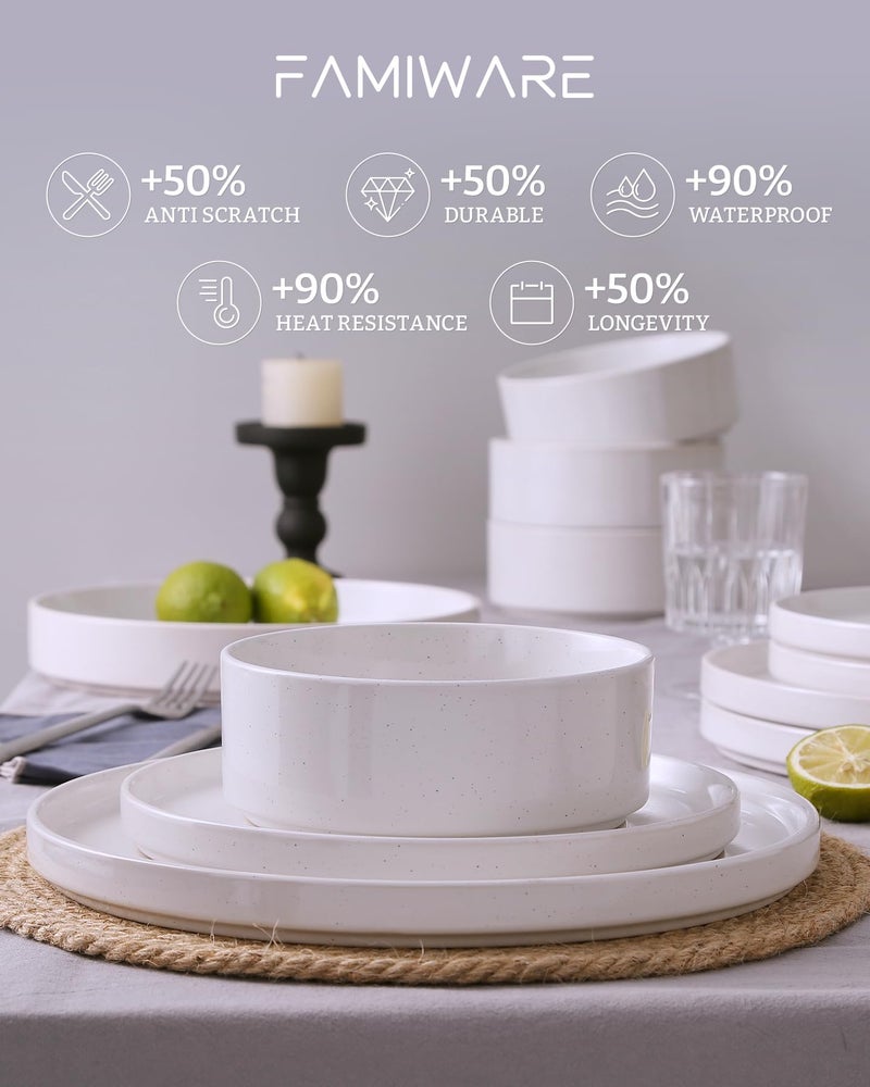 Famiware Nebula Plates and Bowls Set, 12 Pieces Dinnerware Sets, Dishes Set for 4, White with Colorful Speckles - Image 4