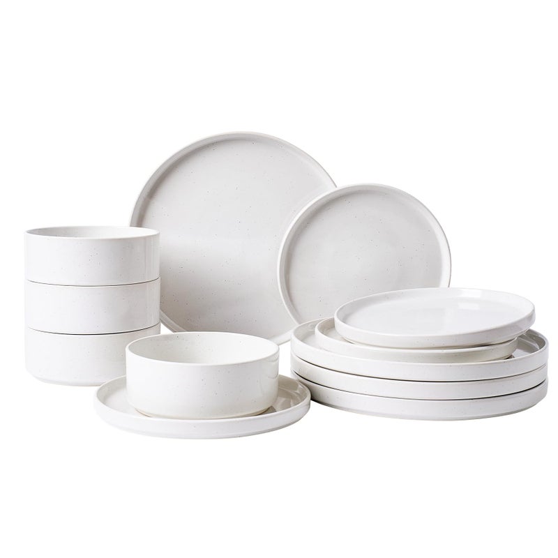 Famiware Nebula Plates and Bowls Set, 12 Pieces Dinnerware Sets, Dishes Set for 4, White with Colorful Speckles - Image 1