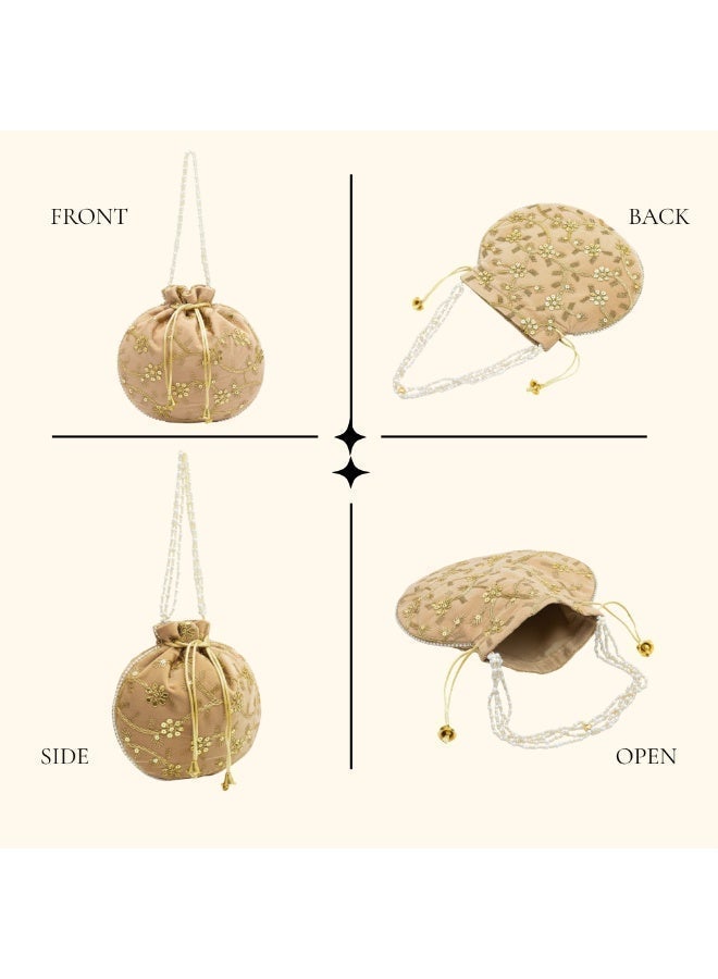 حقيبة بوتلي حريرية مصنوعة يدوياً للنساء، بتصميم تقليدي، مثالية لحفلات الزفاف والمناسبات الخاصة، لون بيج. - Image 5