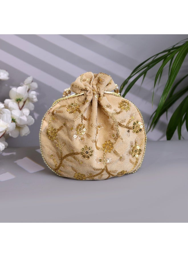 حقيبة بوتلي حريرية مصنوعة يدوياً للنساء، بتصميم تقليدي، مثالية لحفلات الزفاف والمناسبات الخاصة، لون بيج. - Image 2