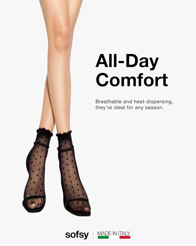 sofsy Italian Dotted Socks Collection (Ankle & Knee High) 20 Den Sheer Patterned Stockings with Ruffled Lace, Geometric Cuffs - Image 4