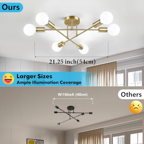 Bosceos Modern Sputnik Chandelier 6-Light Industrial Ceiling Lights Fixture 22" Gold Semi Flush Mount Ceiling Light with E26 Base Sputnik Lights Fixture for Dining Room Bedroom Foyer Hallway Living Room - Image 5