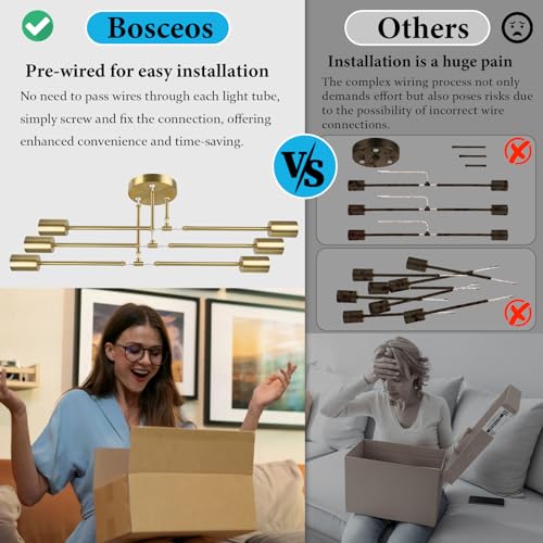 Bosceos Modern Sputnik Chandelier 6-Light Industrial Ceiling Lights Fixture 22" Gold Semi Flush Mount Ceiling Light with E26 Base Sputnik Lights Fixture for Dining Room Bedroom Foyer Hallway Living Room - Image 2