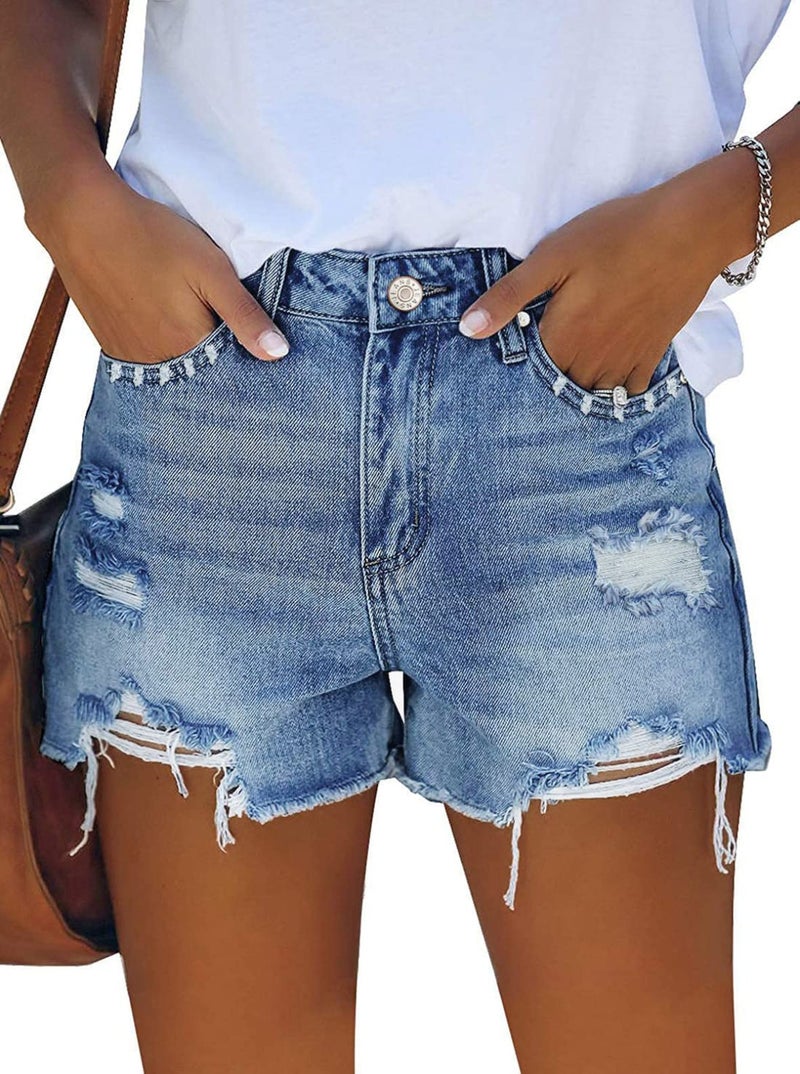 Pink Queen Distressed Jean Shorts for Women Mid-High Waist Ripped Boyfriend Denim Shorts Frayed Raw Hem Chic Short Jeans with Pockets Light Blue L - Image 1