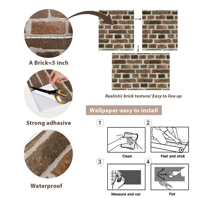 Lativo Brick Wallpaper Peel and Stick 118inL17.3inW Faux Brick Contact Paper for Walls Self Adhesive Wallpaper for Bedroom Kitchen Backsplash Fireplace Red Textured Contact Paper Cabinets Waterproof - Image 2
