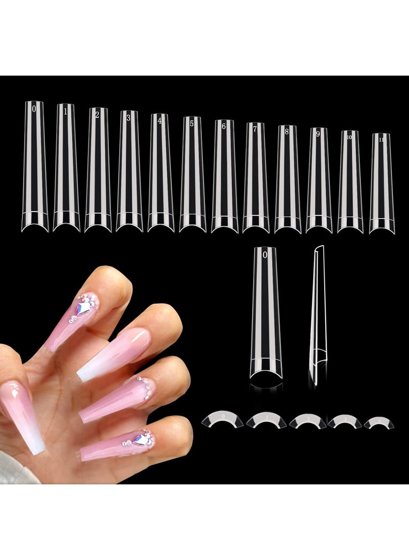 Namgznso 600PCS No C Curve Coffin Nail Tips, XXL Clear Coffin Nail Tips for Acrylic Nails Professional, Long Coffin Nail Tips Half Cover Flattened Acrylic Nail Tips Fake Nails for Nail Salon Home DIY 12 Sizes 