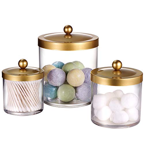 SheeChung Premium Quality Apothecary Jars - Clear Plastic Jars with Rust Proof Stainless Steel Lids - Bathroom Vanity Countertop Storage Organizer Canister Holder House Decor | Set of 3 (Gold) - Image 1