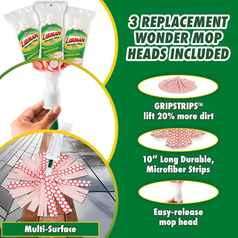 Libman Commercial Libman Wonder Mop Plus 3 Refills, Self-Wringing, Absorbent, Microfiber Floor Mop for Household Multi-Surface Cleaning, 3 Machine Washable Replacement Heads - Image 3