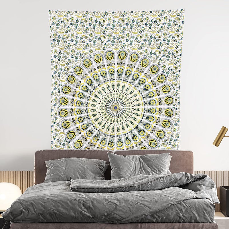 Bless International Indian hippie Bohemian Psychedelic Peacock Mandala Wall hanging Bedding Tapestry (Yellow Green, Twin (54x72Inches)(140x185cms)) - Image 2