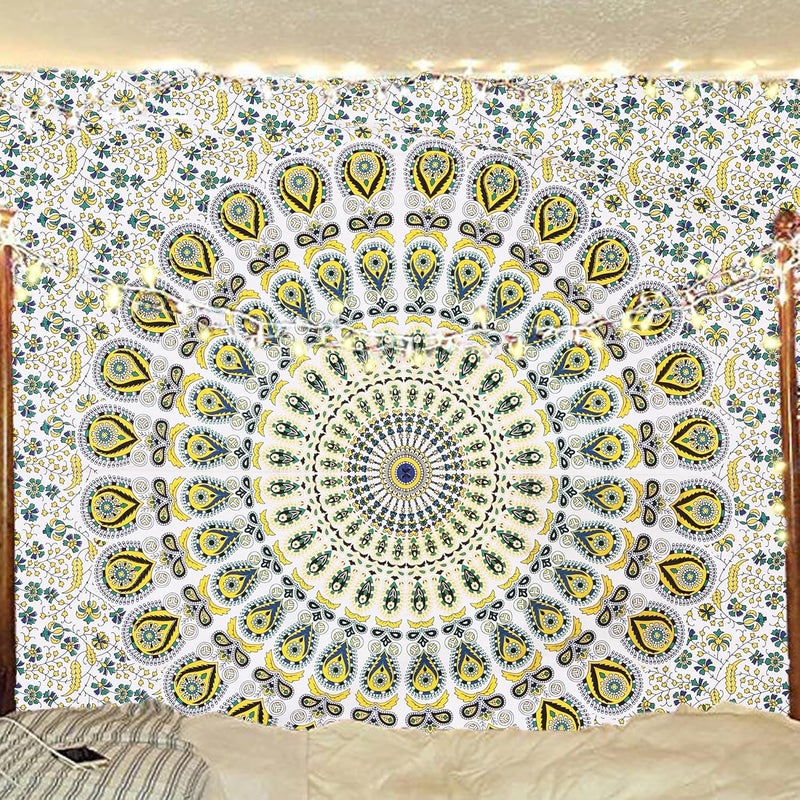 Bless International Indian hippie Bohemian Psychedelic Peacock Mandala Wall hanging Bedding Tapestry (Yellow Green, Twin (54x72Inches)(140x185cms)) - Image 1