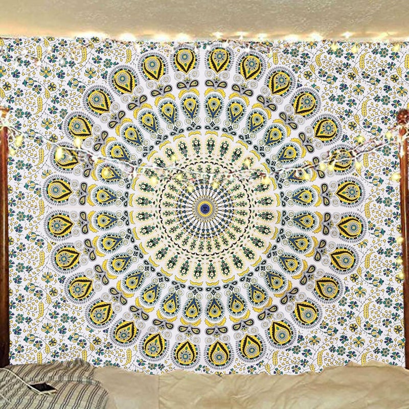 Bless International Indian hippie Bohemian Psychedelic Peacock Mandala Wall hanging Bedding Tapestry (Yellow Green, Twin (54x72Inches)(140x185cms)) - Image 5