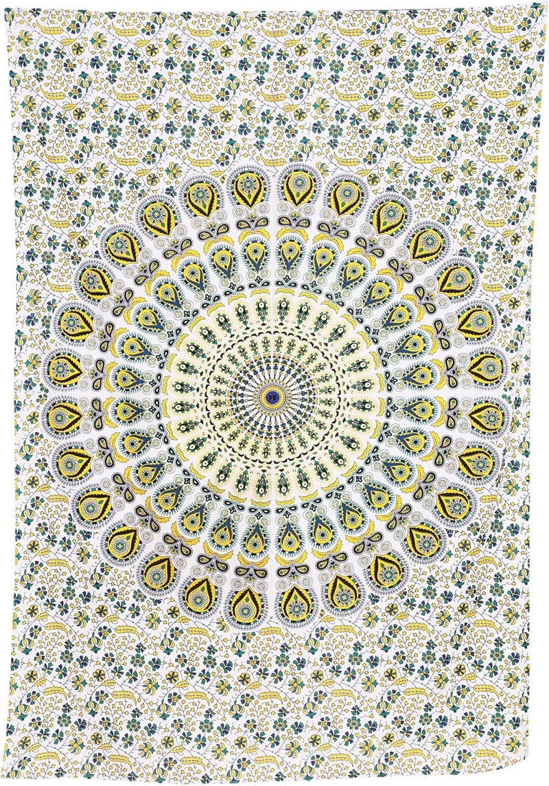 Bless International Indian hippie Bohemian Psychedelic Peacock Mandala Wall hanging Bedding Tapestry (Yellow Green, Twin (54x72Inches)(140x185cms)) - Image 4