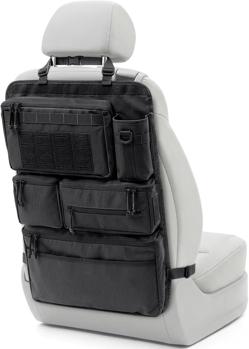 Pitozer All in One Car Seat Back Organizer, Heavy Duty Molle Panel Seat Back protector with Multiple Pockets Storage for Tools, Camping, Travel, Fit Most Car SUV Trucks Jeeps pickups - Image 1