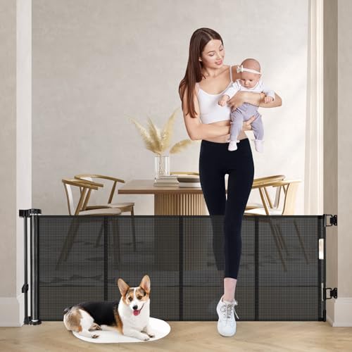 Bingguz Reinforced 24 Inch Tall Retractable Baby Gates Short Dog Gates to Step Over Expands 055 Inches Wide Mesh Pet Gate with Support Rods Small Puppy Gates for The House Black 