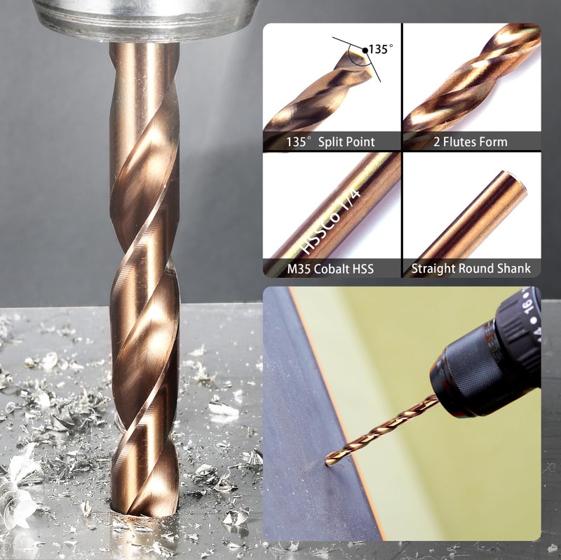 KENDO 13PCS Cobalt Drill Bit Set(1/16"-1/4"), M35 High Speed Steel, 135 Degree Tip, Twist Jobber Length Drill Bits Set for Hard Metal, Stainless Steel, Cast Iron and Wood with Metal Storage Case - Image 3