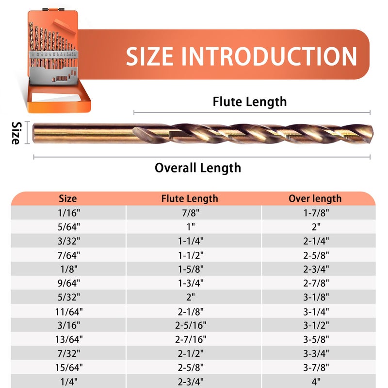 KENDO 13PCS Cobalt Drill Bit Set(1/16"-1/4"), M35 High Speed Steel, 135 Degree Tip, Twist Jobber Length Drill Bits Set for Hard Metal, Stainless Steel, Cast Iron and Wood with Metal Storage Case - Image 4