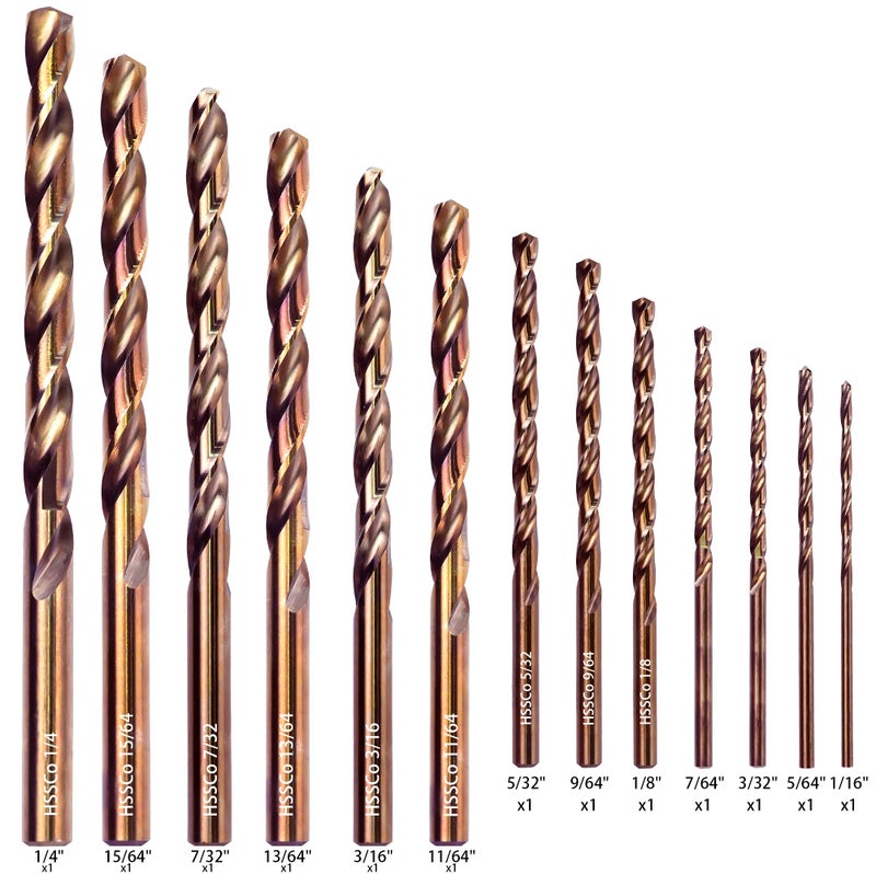 KENDO 13PCS Cobalt Drill Bit Set(1/16"-1/4"), M35 High Speed Steel, 135 Degree Tip, Twist Jobber Length Drill Bits Set for Hard Metal, Stainless Steel, Cast Iron and Wood with Metal Storage Case - Image 2