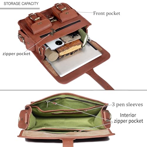 cuero حقيبة رسائل جلدية للرجال والنساء، 12 بوصة لابتوب كروس بودي، حقيبة جلدية يدوية الصنع عتيقة للجنسين، حقيبة عمل من الجلد الكامل لجهاز آيباد/المكتب/العمل/السفر - بني - Image 4