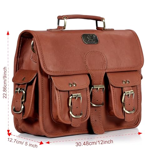 cuero حقيبة رسائل جلدية للرجال والنساء، 12 بوصة لابتوب كروس بودي، حقيبة جلدية يدوية الصنع عتيقة للجنسين، حقيبة عمل من الجلد الكامل لجهاز آيباد/المكتب/العمل/السفر - بني - Image 5