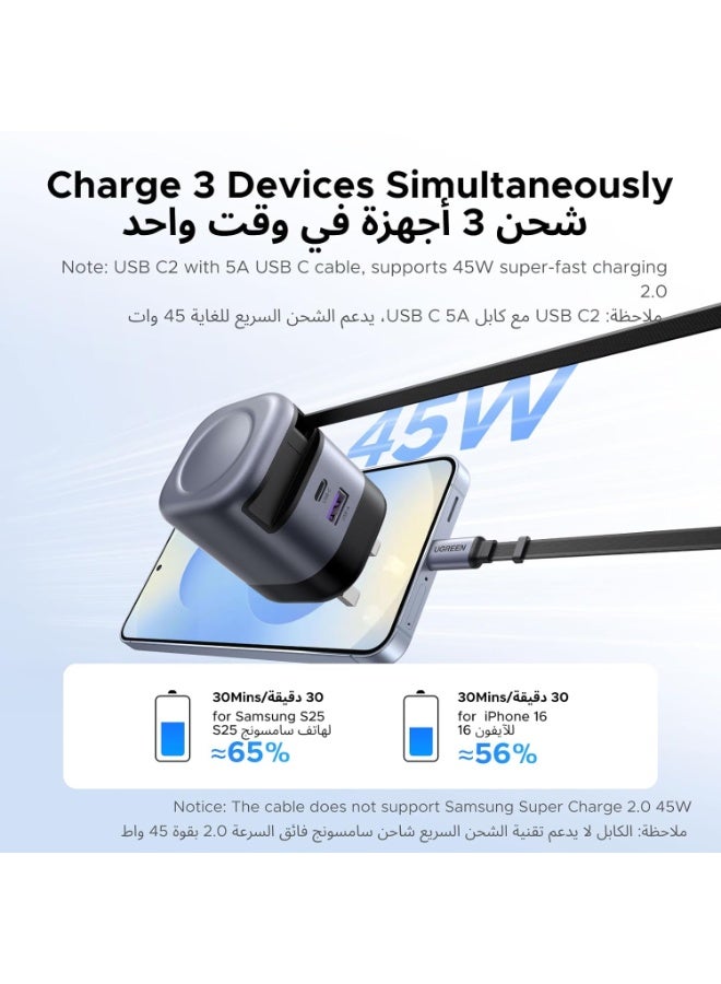 UGREEN ECO UGREEN 45W USB C Charger, Compatible with Samsung Charger 3 Ports Type C Adapter, GaN Fast Adapter with Retractable USB-C Cable, Compatible with Galaxy S25 S24 S23 iPhone 16/15/14 - Image 3