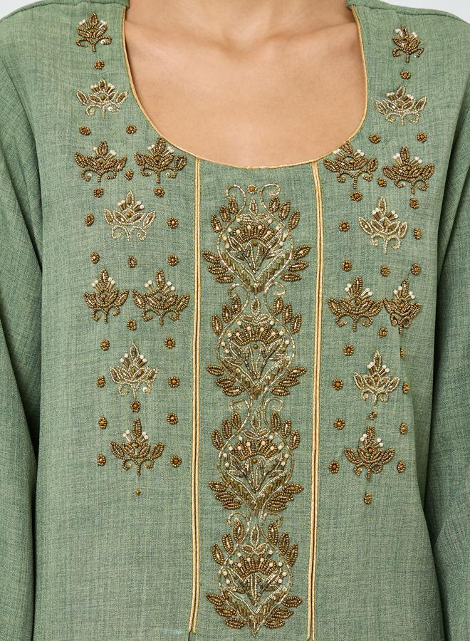 Maxim Creation Green Beaded Jalabiya with Fold Pleat - Image 4