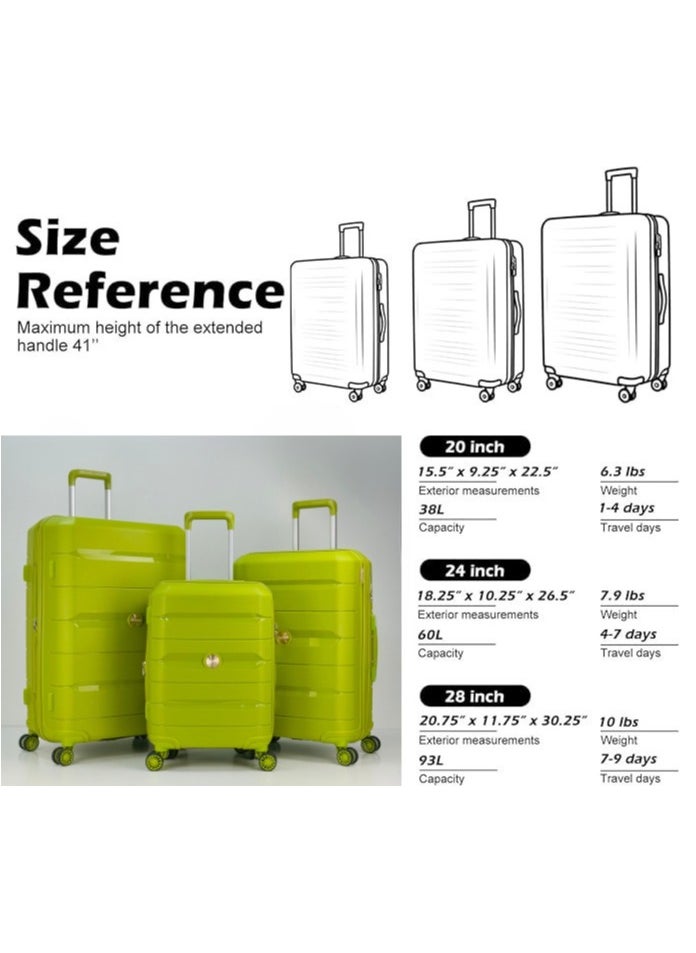 SAW & SEE 3-Piece PP Luggage Set – Lightweight Polypropylene Fashion Trolley Luggage Expandable Unbreakable Hard Shell with TSA Approved Lock, Anti-theft Security Zipper, and 4 Quiet 360° Double Spinner Wheels – 20" / 24" / 28"- Fruit Green  - Image 3