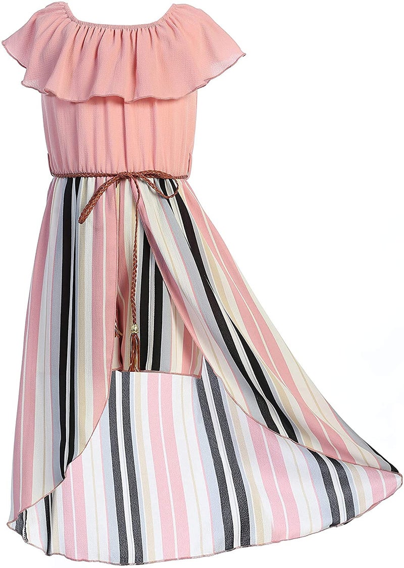 Big Girls Off Shoulder High Low Maxi Split Skirt Romper Casual Dress Summer Birthday Jumpsuits USA 2142 Blush Size 10